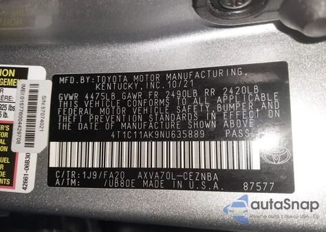 2022 Toyota Camry Le из США, поврежденный, VIN 4T1C11AK9NU635889